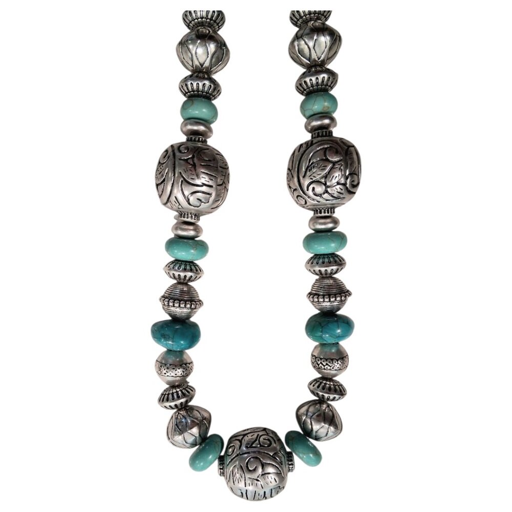 Chico's Turquoise & Silver Chunky Native American Style Necklace